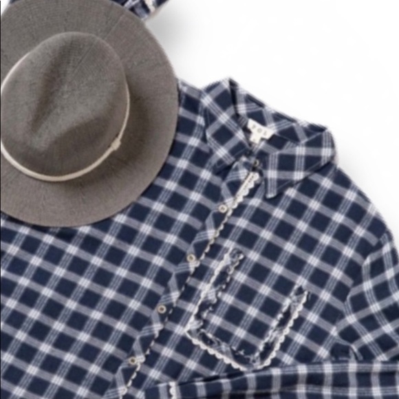 #3600 POL Comfy Navy Plaid Top With Crochet Lace - Picture 14 of 16